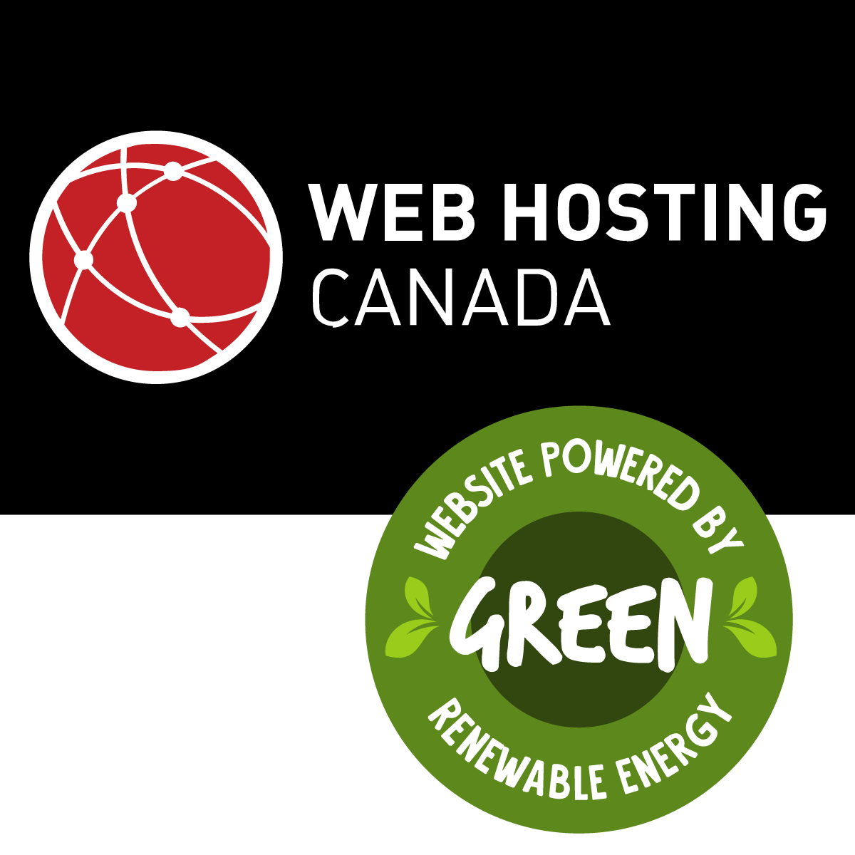 Web Hosting Canada black banner with red WHC logo and round green badge “Website powered by green renewable energy."